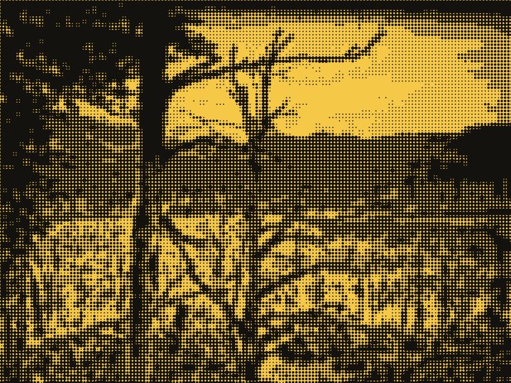 Fotograma de un paisaje con árboles en trama de puntos negra sobre amarillo